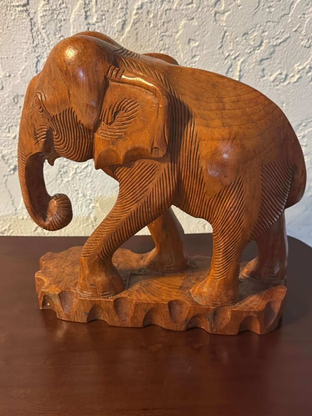 Hand-Carved Wooden Elephant Statue - Brown Wood Accent